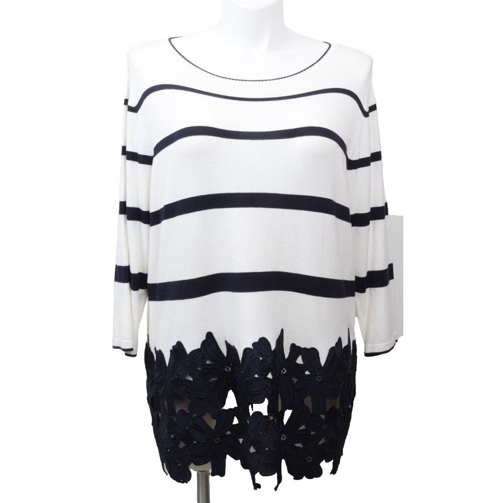 Lane Bryant White Navy Stripe Floral Applique Sweater Pull-over Plus Size 18/20
